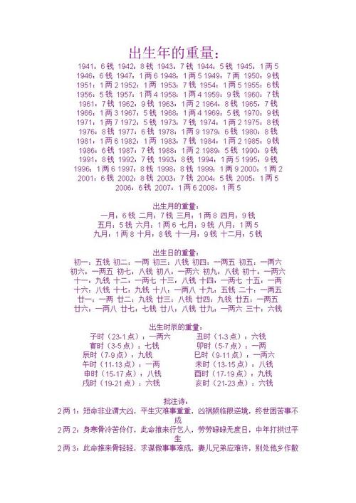 命斤两算命 斤两表